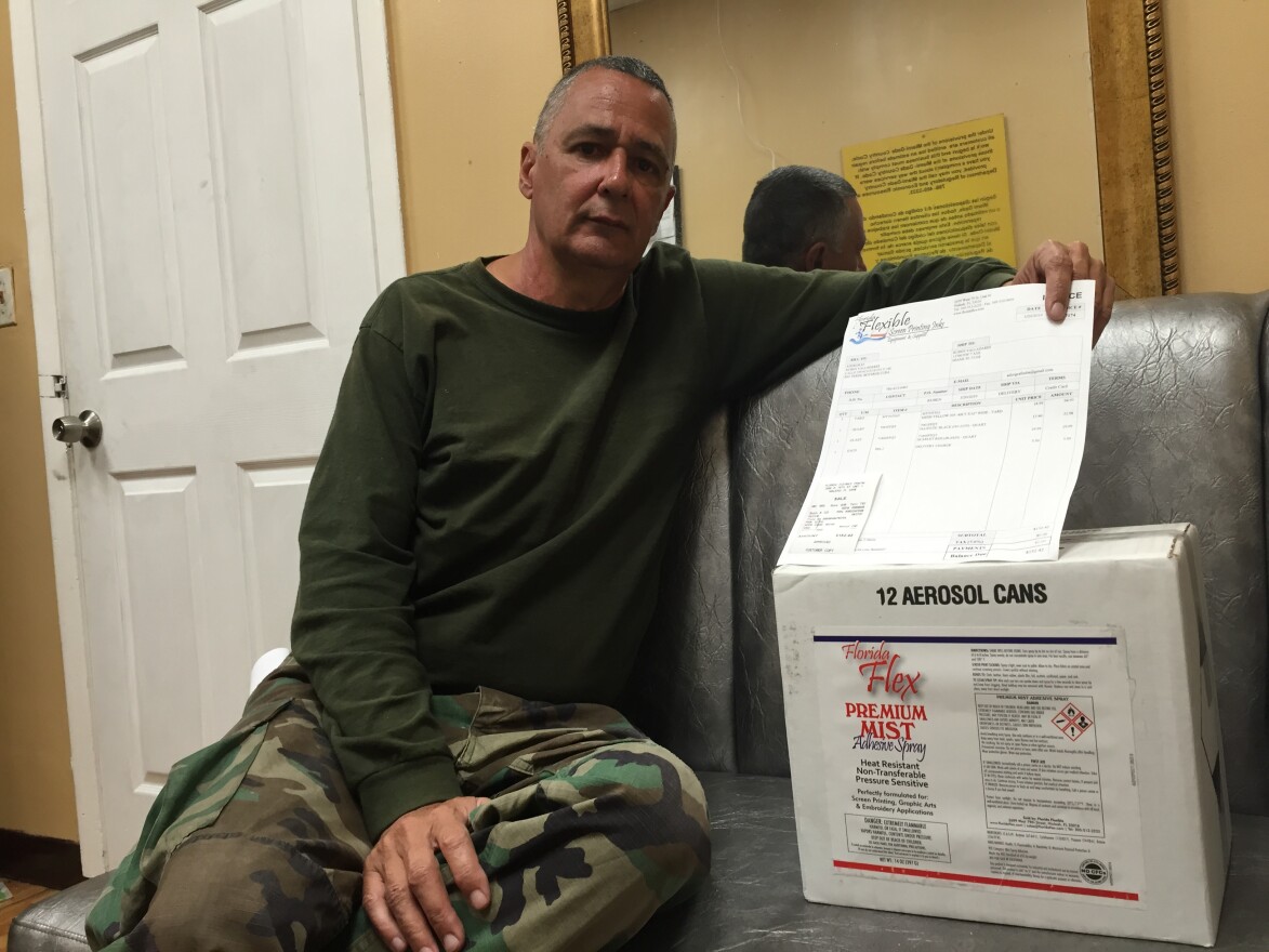 Cuban entrepreneur Ruben Valladares in Miami last month with a package of printing supplies from a Hialeah firm he uses to run his business back in Havana.